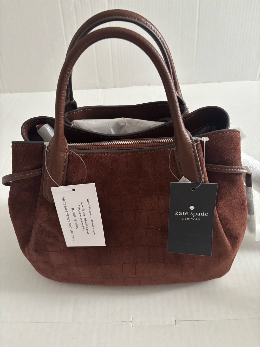 kate spade New York Brown Dumpling Croc Suede Top-Handle Satchel Bag - Picture 2 of 12